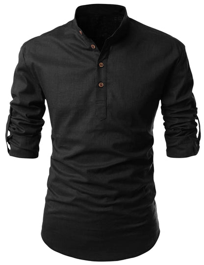 Zombom MenS Solid Cotton Blend Casual Regular Fit Mandarin/Chinese Collor Full Sleeve Kurta Shirt For Men Black
