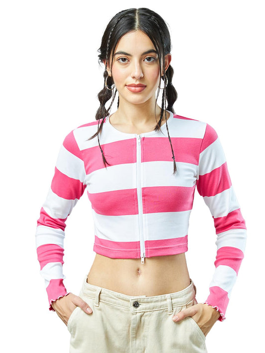 Bewakoof WomenS Striped Slim Fit Full Sleeve Round Neck Rib Short Top_620175_White_Xs