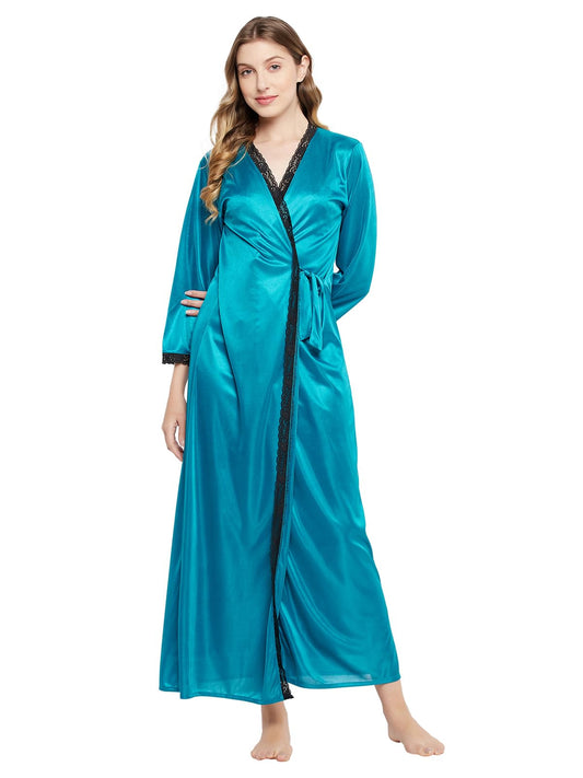 Clovia Womens Satin Chic Basic Long Robe with Lacy Panel (NS1495P36_Teal_S)