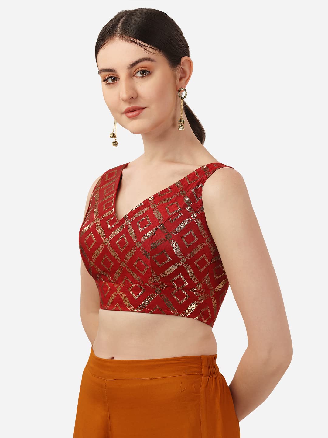 OOMPH! Womens Indian Ethnic Wear Designer Zari Work V Neck Sleeveless Blouse for Saree or Lehnga and BlousePalazzos or Skirts f