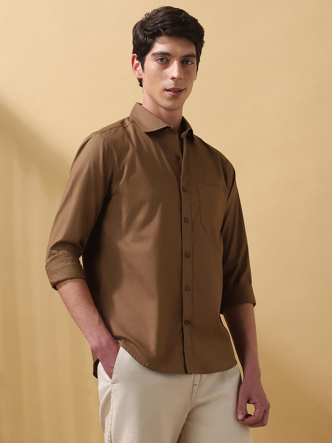 Dennis Lingo Men Solid Cotton Spread Collar Full Sleeves Regular Fit Shirt Brown