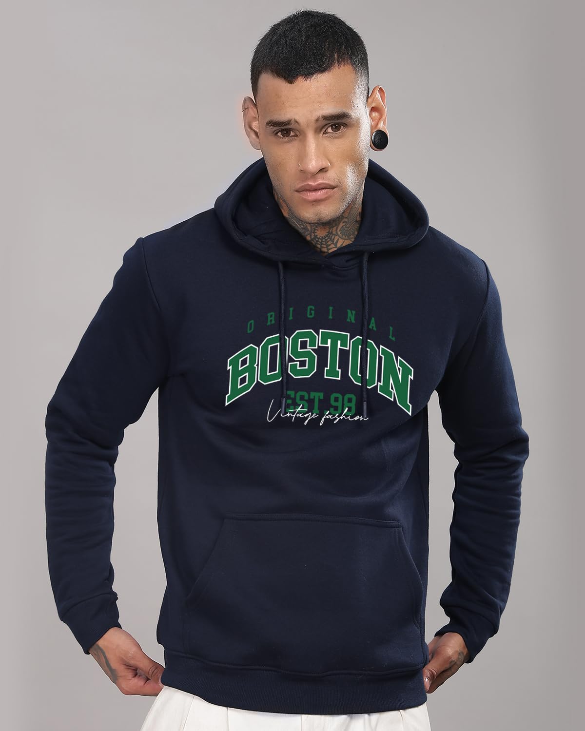 ADRO Men's Cotton Neck Hooded Sweatshirt (H24-BOST-NB_Navy Blue