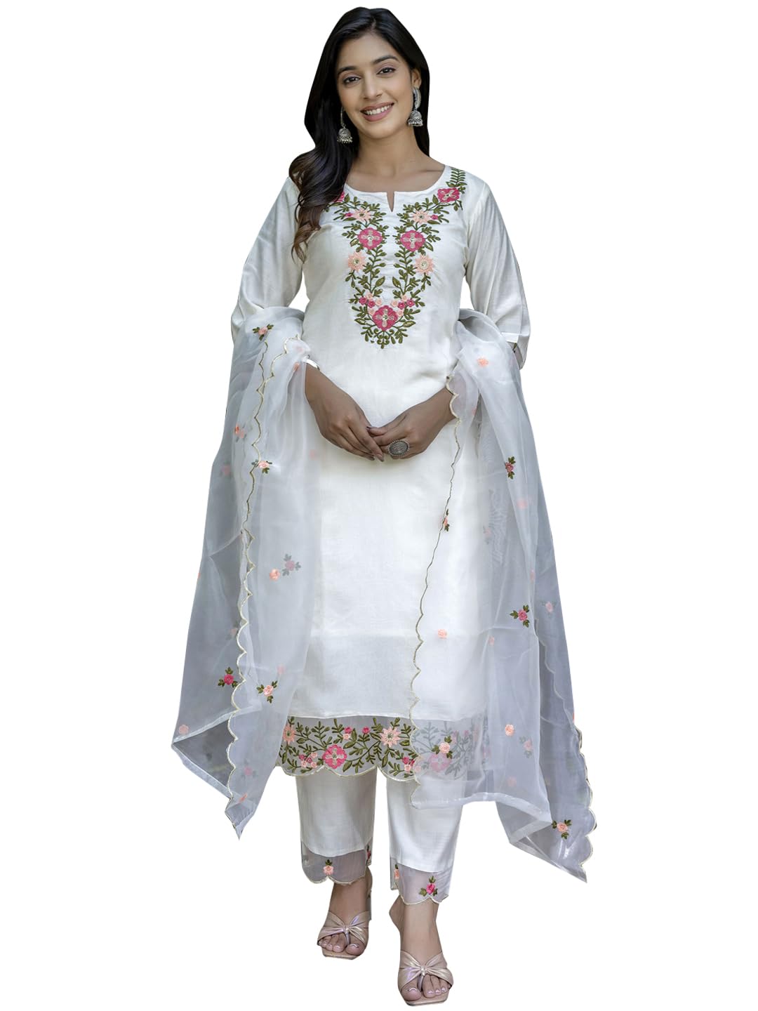 Vredevogel WomenS Embroidered Silk Blend Straight Kurta Trouser Pant Set With Dupatta | Ethnic Casual Kurti Set For Women (Whit