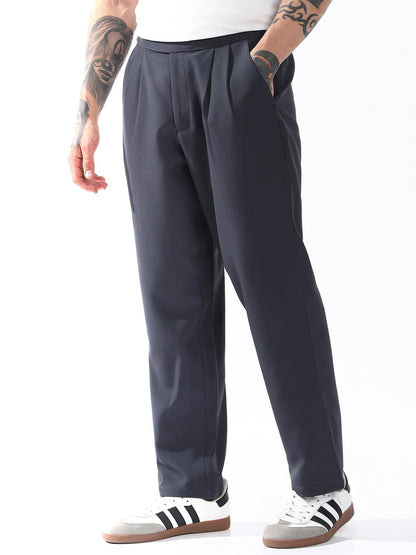 Hubberholme Men Solid Relaxed Fit Mid-Rise Korean Trousers 23 Charcoal