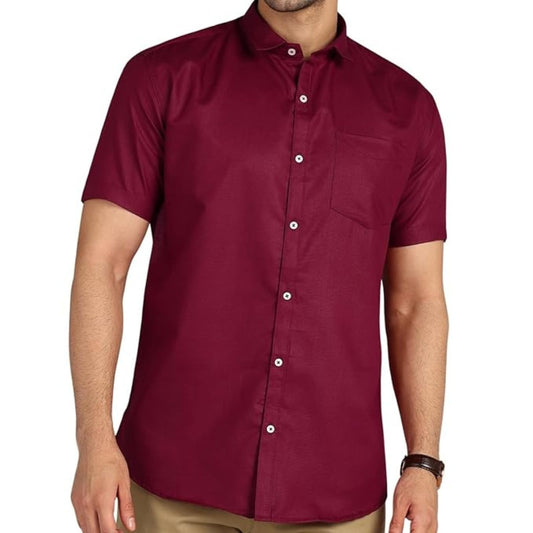 Mildin MenS Regular Cotton Blend Maroon Slim Fit Solid Button Down Spread Collar Half Sleeve Curved Hemline Formal Shirt With O