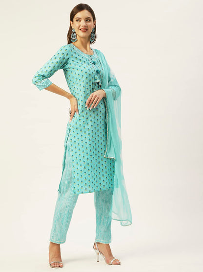 anubhutee Women's Cotton Blue Floral Printed Straight Kurta Suit Set With Pants And Dupatta
