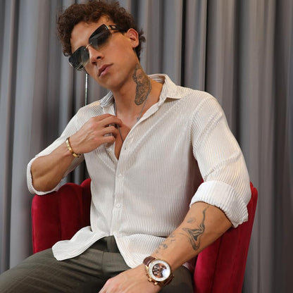 Campus Sutra Mens Daisy White Metallic Pleated Shirt | Casual Wear | Spread Collar | Long Sleeve | Button Closure | Shirt Craft