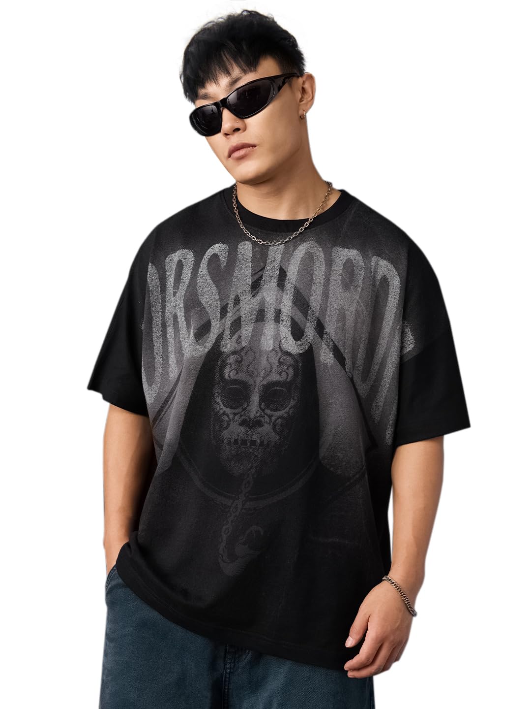 The Souled Store Harry Potter: Dark Arts Men and Boys Short Sleeves Round Neck Black Graphic Printed Cotton Lightweight All-Seas