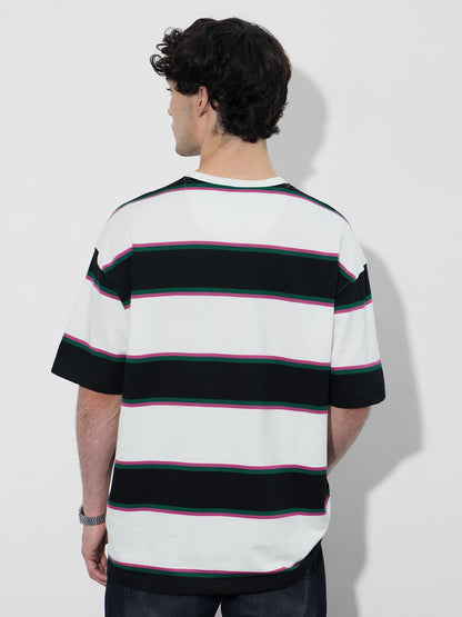 The Souled Store Oversized T-Shirt: Stripes Urban Edge Men and Boys Short Sleeves Round Neck White Striped Cotton Oversized T-Sh