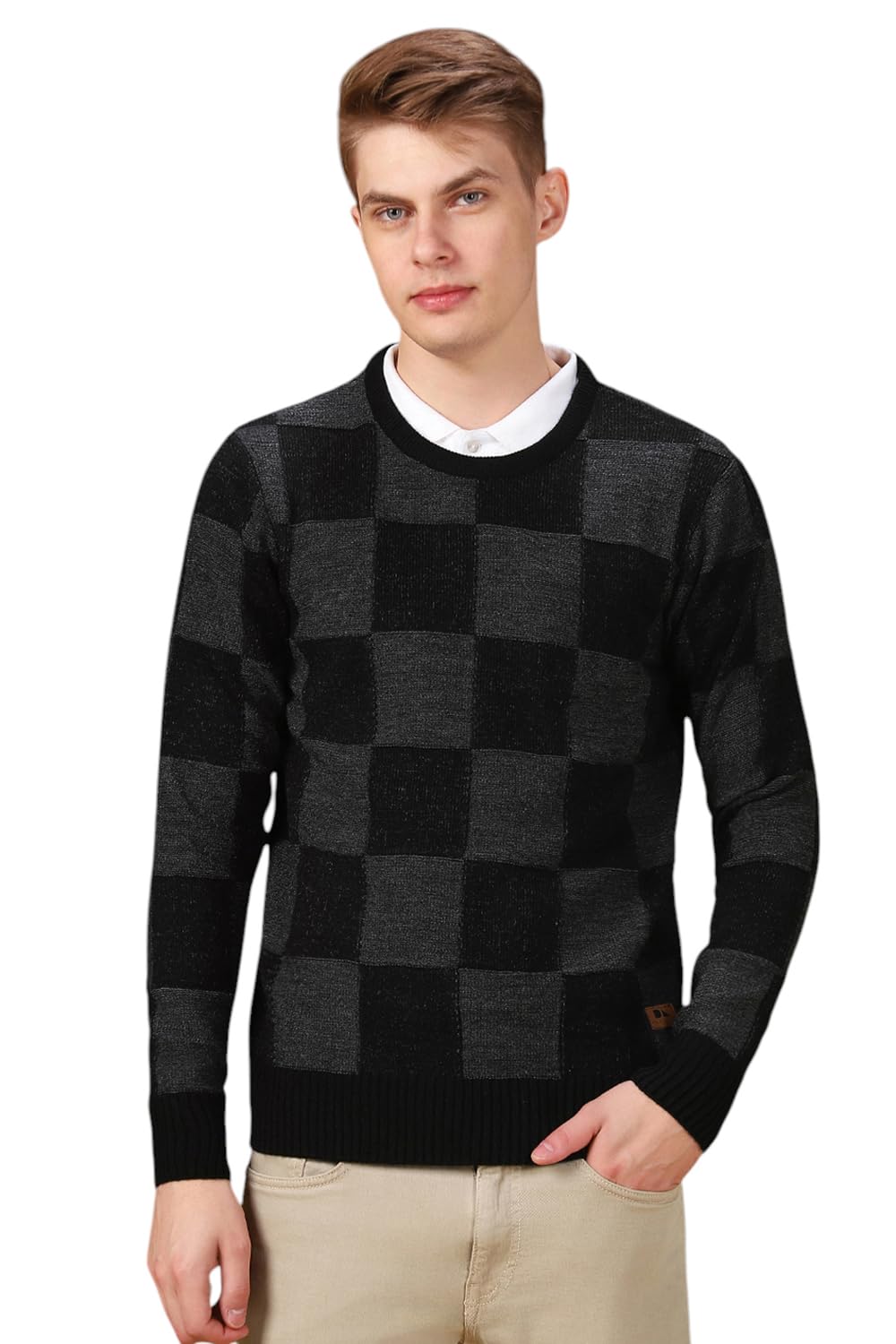 Dennis Lingo Men Checks Acrylic Regular Fit Full Sleeves Pullover Sweater Black