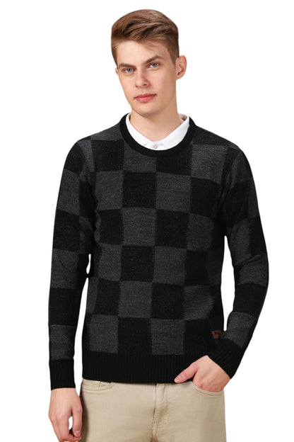 Dennis Lingo Men Checks Acrylic Regular Fit Full Sleeves Pullover Sweater Black