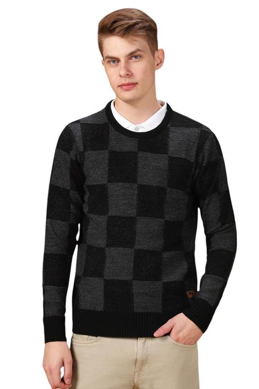 Dennis Lingo Men Checks Acrylic Regular Fit Full Sleeves Pullover Sweater Black