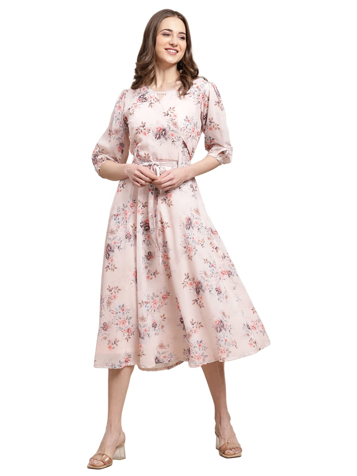 Preneum WomenS Maxi Fit & Flare Latest Style Print Georgette Regular Sleeves Casual Maxi Dress || Summer Dress Festival & Occas