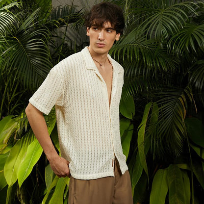 Campus Sutra Mens Cream White Striped Knit Oversized Shirt for Casual Wear | Cuban Collar | Short Sleeve | Button Closure | Ove