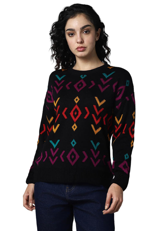 High Star WomenS Acrylic Round Neck Pullover Sweater (Hswsww23001_Mc2_Multicolored2 Black