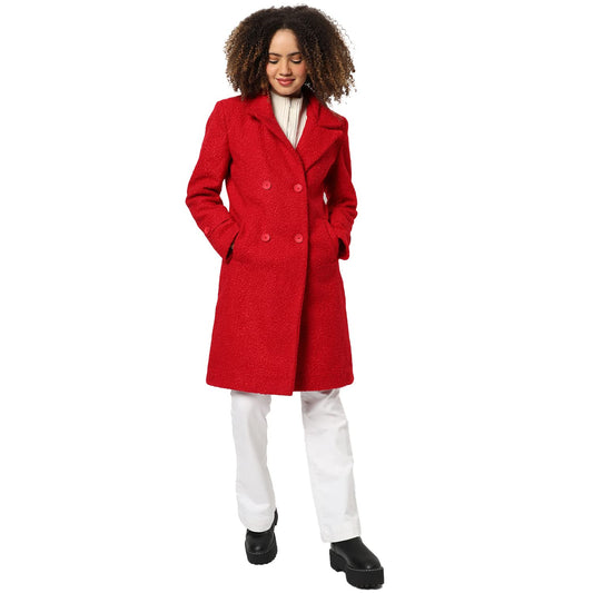 Campus Sutra Women Red Regular Fit Long Coat For Winter Wear | Collar Neck | Full Sleeve | Buttoned | Casual Jacket For Woman &