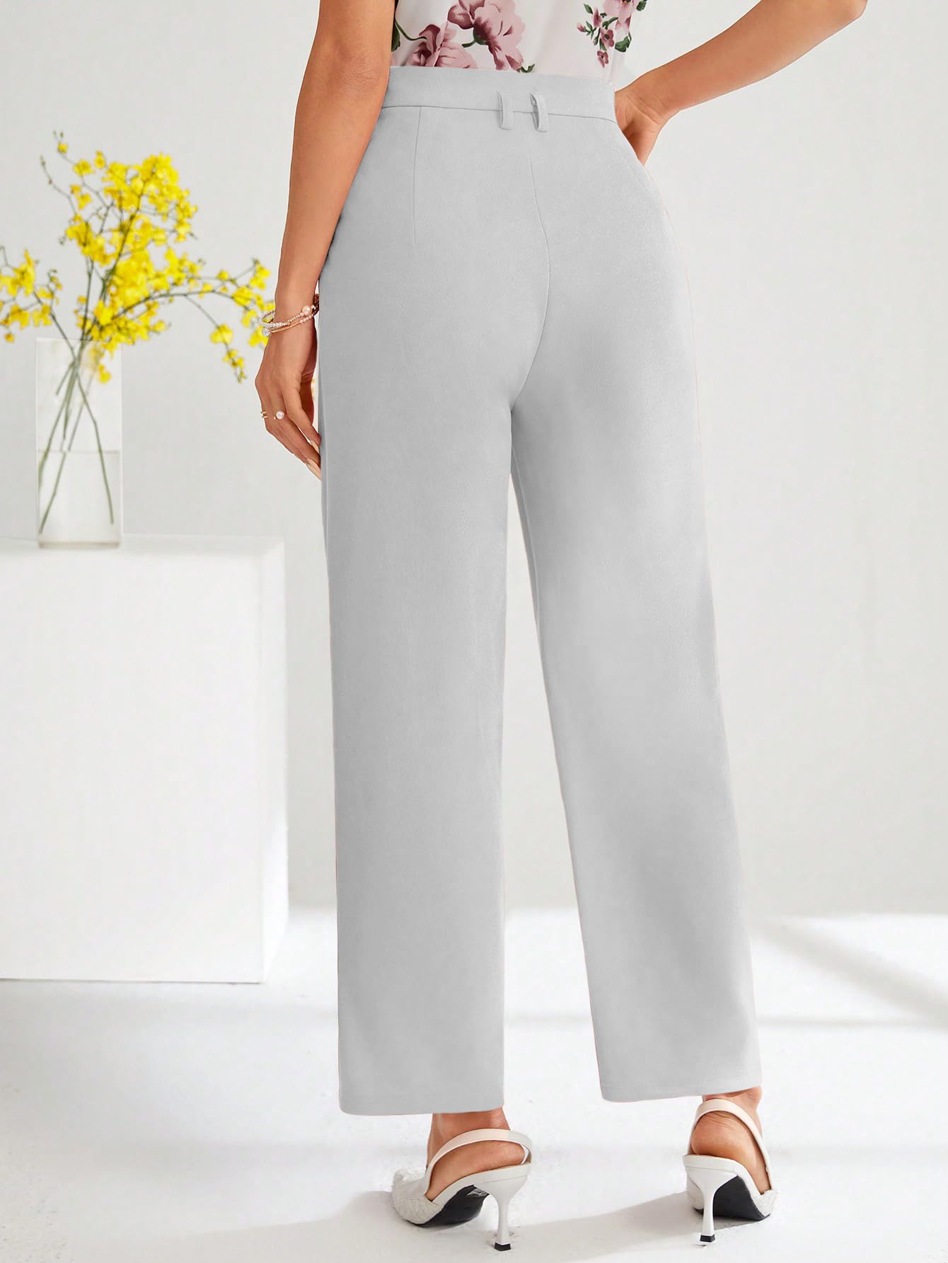 Shasmi Womens White High Waist Pleated Straight Leg Trousers  Elegant Solid Color Work Pants with Pockets, Casual Office Wear Po