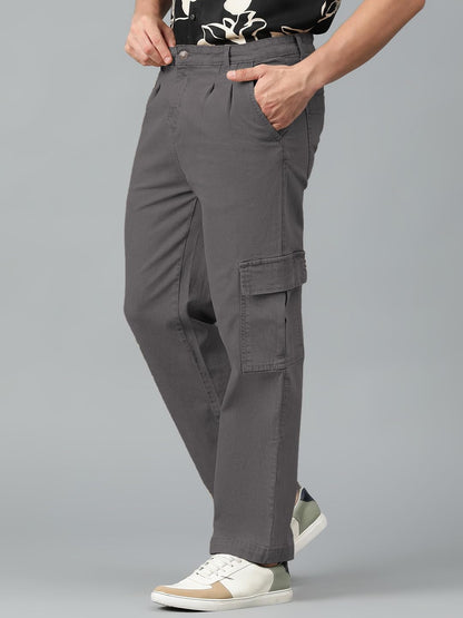 Kotty MenS Solid Mid Rise Straight Fit Stylish Looking Cargo Jeans(Grey,28)