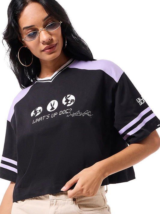 Bewakoof Official Looney Tunes Merchandise Bugs Womens Graphic Printed Oversized Fit Half Sleeve V-Neck Pure Cotton Crop T-Shir