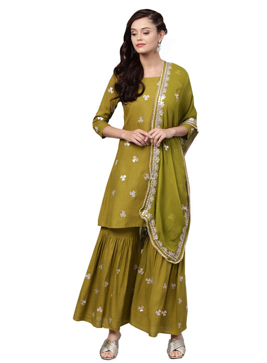 ishin Women's Viscose Rayon Self Design Gotta Patti Green Ethnic Motifs Print A-Line Kurta suit set With Dupatta & Sharara