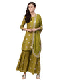ishin Women's Viscose Rayon Self Design Gotta Patti Green Ethnic Motifs Print A-Line Kurta suit set With Dupatta & Sharara