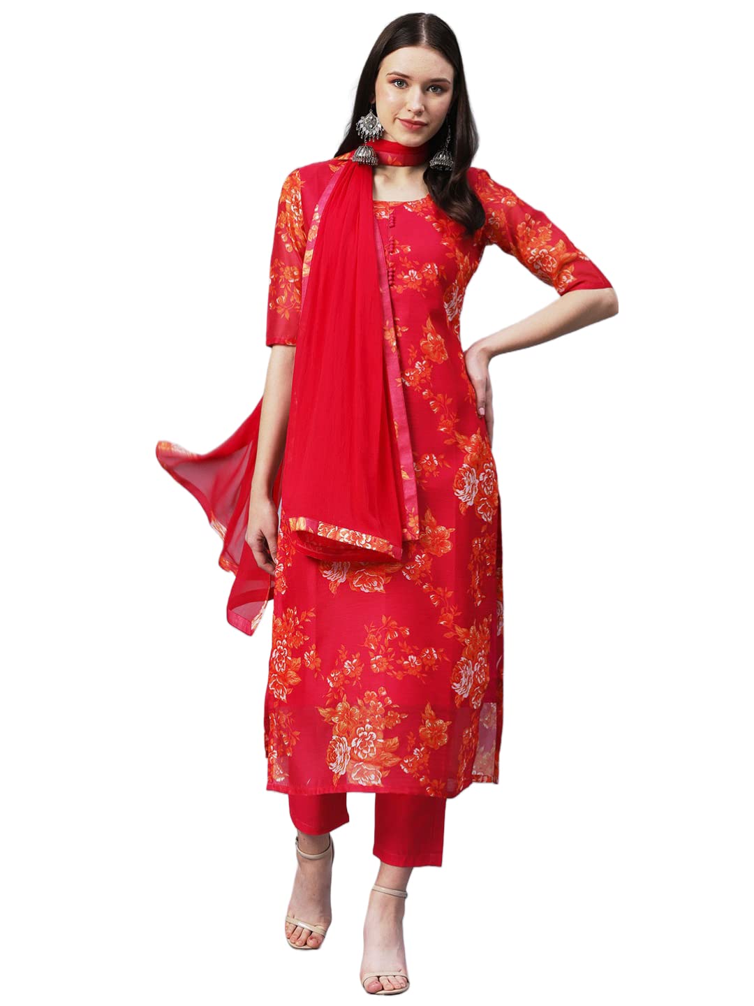 Gosriki WomenS Chanderi Cotton Printed Straight Kurta With Pant & Dupatta (Aux-Orange-Gs_4Xl_Pink_Xxxx-Large)