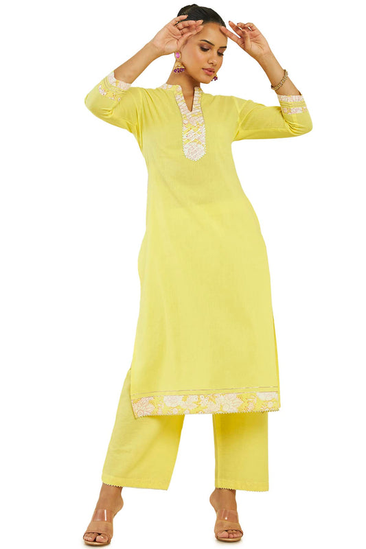 Soch Women Yellow Cotton Solid Kurta Set