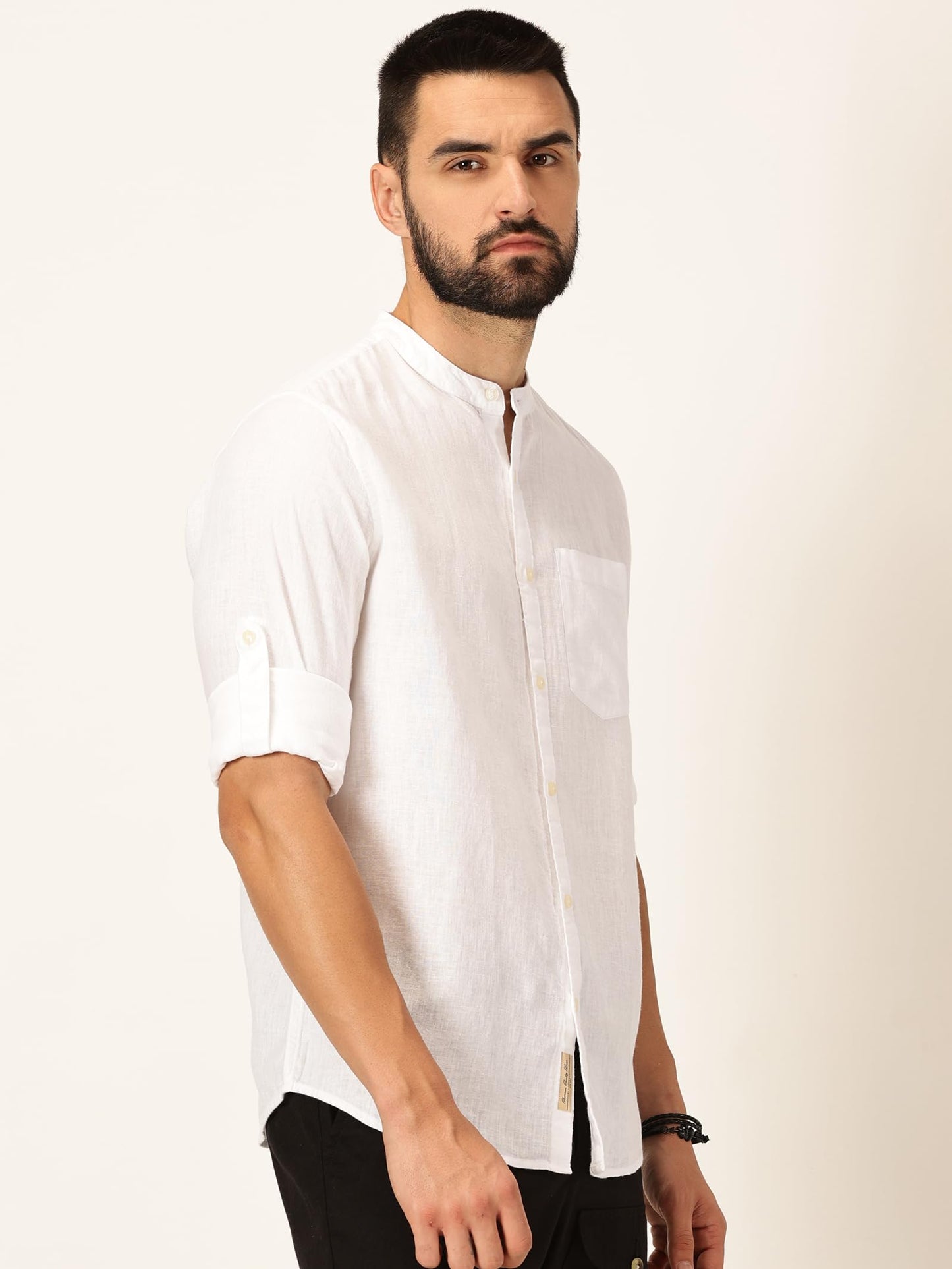 Thomas Scott Cotton Linen Mandarin Collar Roll Up Sleeve Casual Shirt for Mens