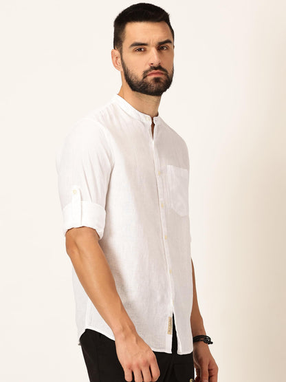 Thomas Scott Cotton Linen Mandarin Collar Roll Up Sleeve Casual Shirt for Mens