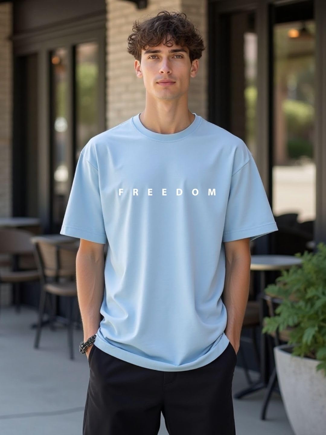 Nobero MenS Graphic Printed Oversized Fit T-Shirt (1M-Twrt-C0832-Mn_Powder Blue