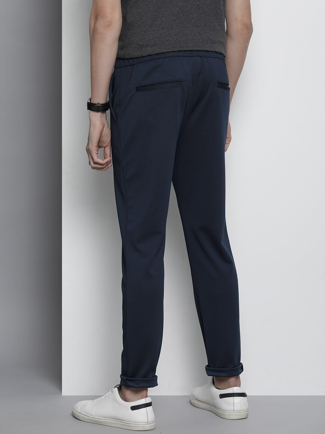 The Indian Garage Co Men Slim Fit Solid Mid-Rise Stretchable Knitted Jogger Trousers Navy Blue