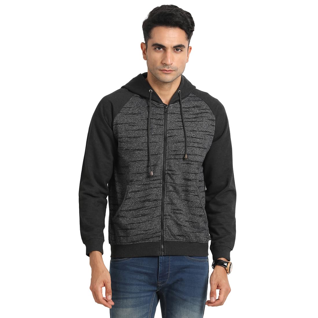Turtle Men 100% Cotton Grey Self Design Hoodie Sweatshirts