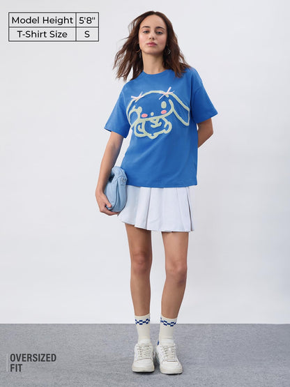 The Souled Store Hello Kitty Cinnamoroll: Women and Girls Short Sleeves Round Neck Blue Cotton Lightweight Streetwear Toweling E