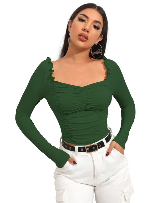 Shasmi Womens & Girls Bottle Green Full Sleeve, Sweat Hear Neck, Frill Trim Ruched Crop Top for Women, Tops, T-Shirts for Girl
