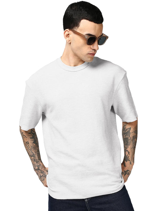 Bewakoof MenS Textured Oversized Fit Half Sleeve Round Neck Polycotton T-Shirt_687622_Grey_M