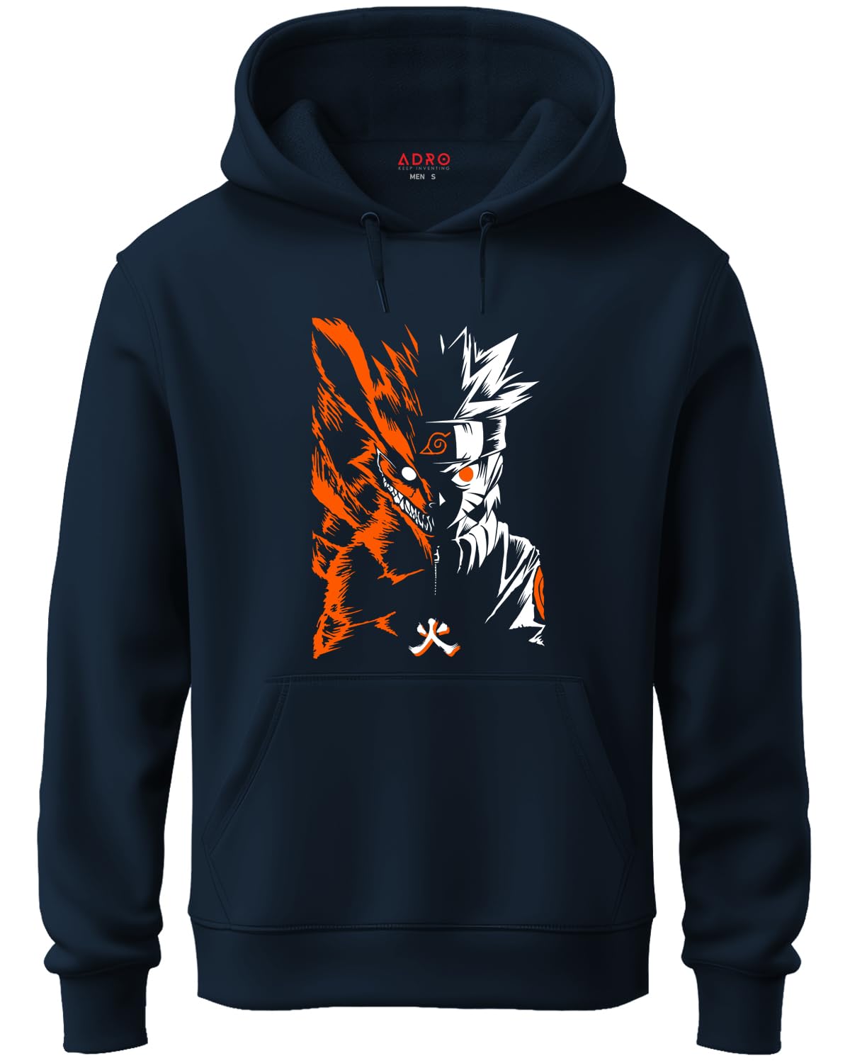 ADRO Mens Hoodies with Naruto Uzumaki Anime Printed, 100% Cotton 340GSM Warm & Soft Fabric. (H23-M-NRR-NB_Navy)