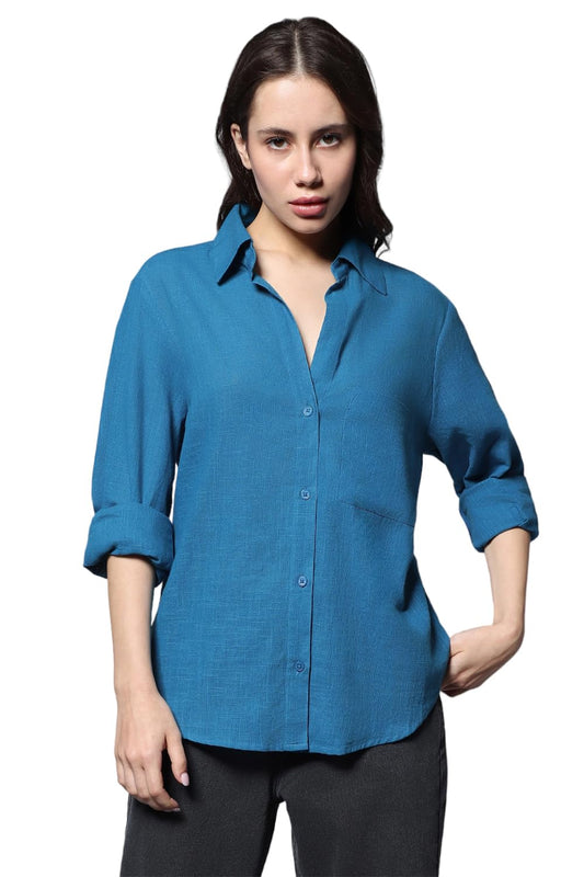 HIGH STAR Womens Oversized Fit Shirt (HSWSHW23509_BL_Blue