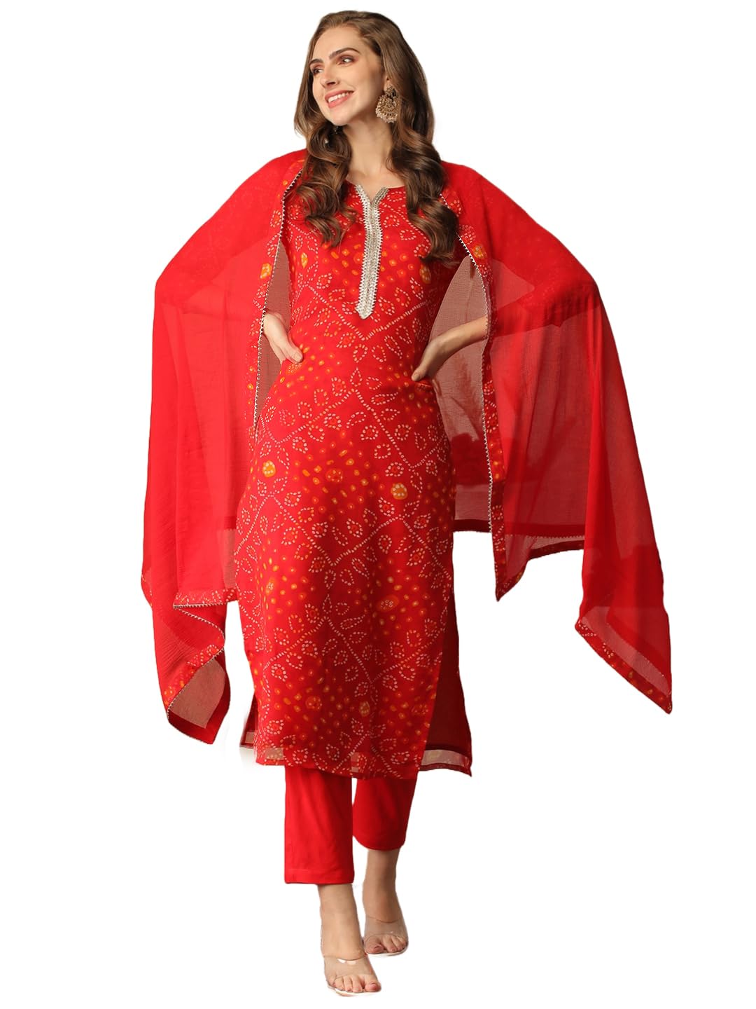 ANNI DESIGNER Ladies Cotton Blend Kurta with Trousers and Dupatta, red, S