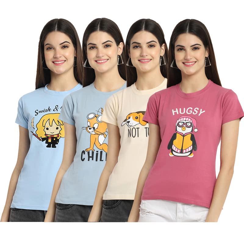 Preneum Womens Cotton Regular Fit Latest Graphic Stylish Printed Short Sleeves Casual T-Shirt || Trendy & Latest Style (Pack 4)