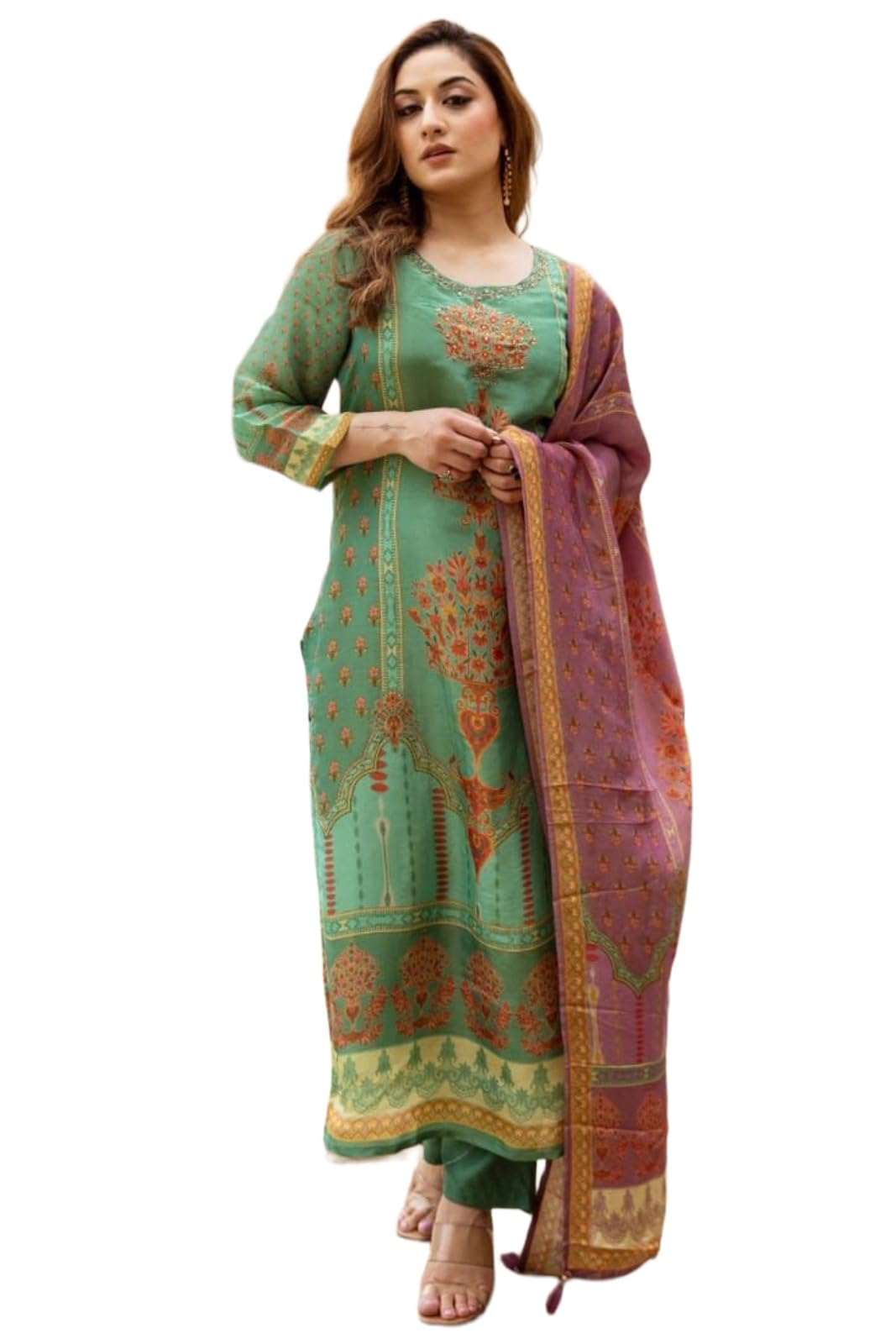 ANNI DESIGNER Womens Rayon Viscose Straight Printed Kurta with Pant & Dupatta (CHAMPIKA PISTA-VKS01_M_Green_Medium)