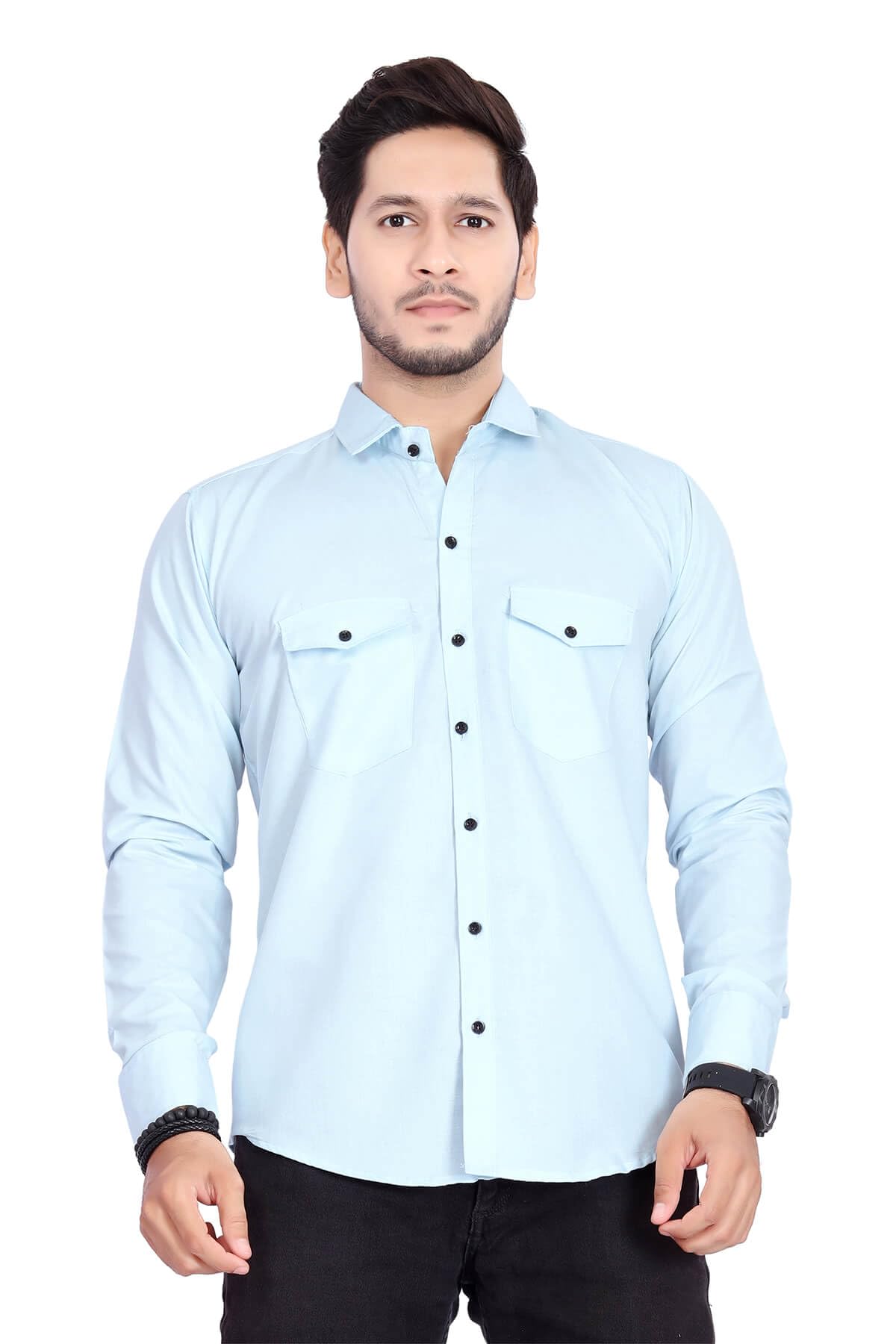 Rebelify MenS Cotton Shirt With Pockets Full Sleeves Spread Collar Solid Pattern Botton Down Closure Regular Fit And Standard L
