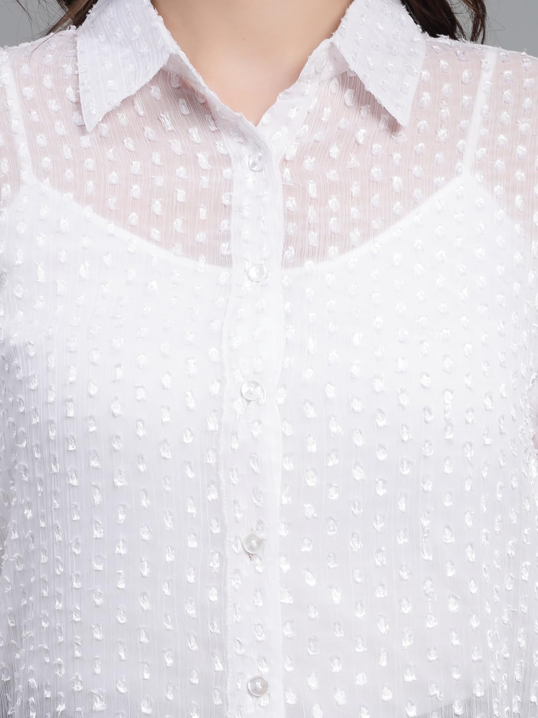 Style Quotient Women White Self Design Swiss Dot Polyester Smart Casual Shirt
