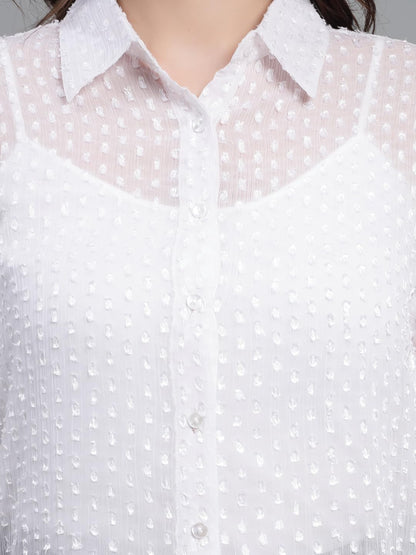 Style Quotient Women White Self Design Swiss Dot Polyester Smart Casual Shirt