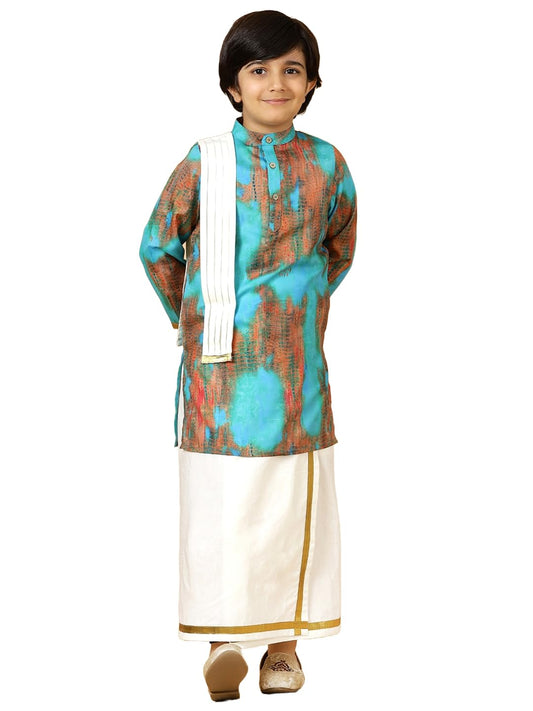 A.T.U.N. (ALL THINGS UBER NICE) Boys Blue Printed Kurta with Elasticated Mundu with Underneath Shorts Set
