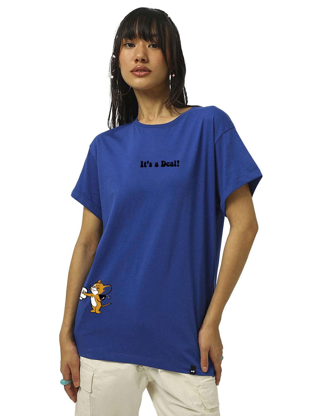 Bewakoof Official Tom & Jerry Merchandise Womens Graphic Printed Boyfriend Fit Half Sleeve Round Neck Cotton Jersey T-Shirt_ 62