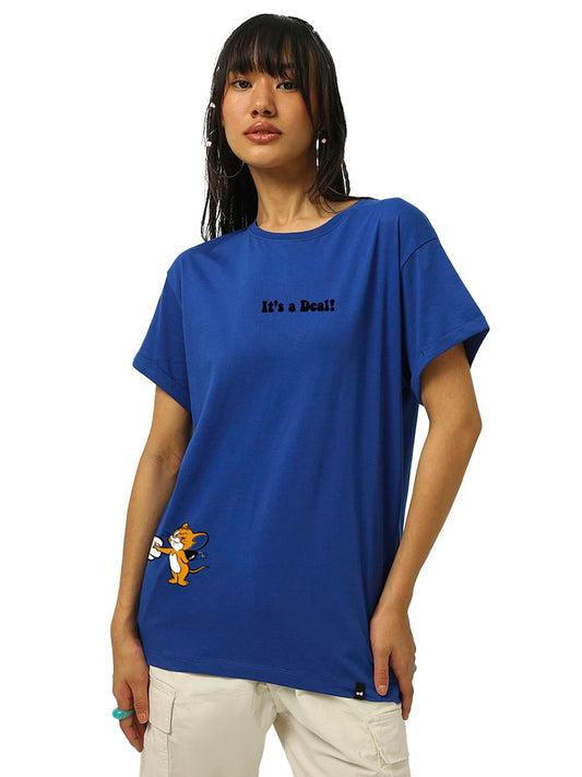 Bewakoof Official Tom & Jerry Merchandise Womens Graphic Printed Boyfriend Fit Half Sleeve Round Neck Cotton Jersey Relaxed Fit
