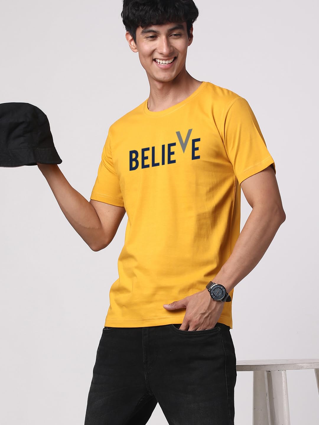 ADRO Believe Design Printed T-Shirt for Men (R22-M-BVV-MU_Mustard)