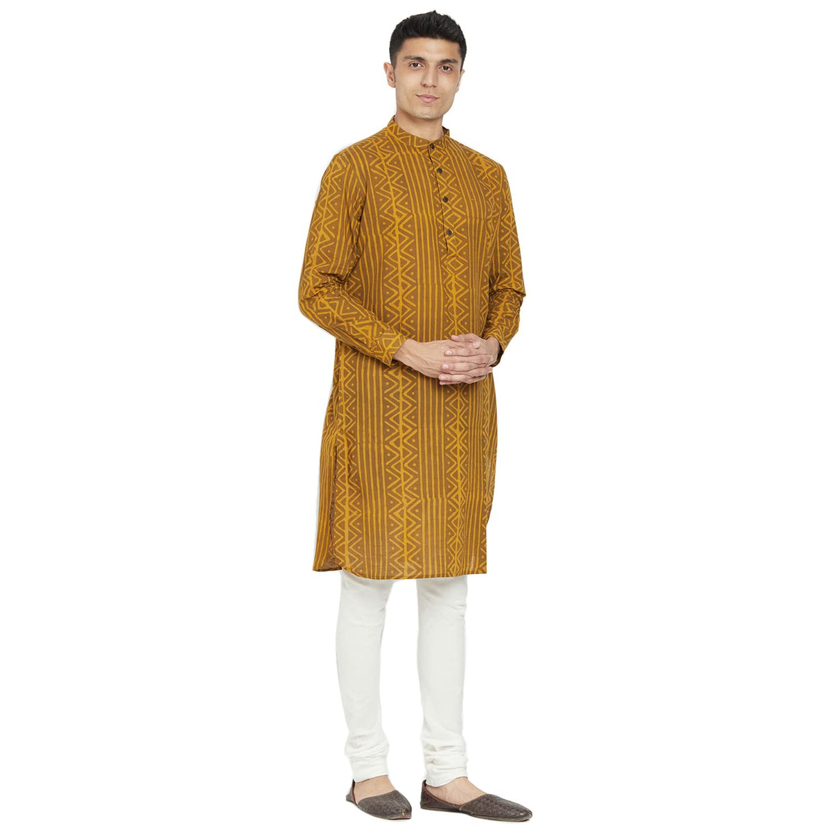 Fabindia Men Dabu Print Long Kurta With Cuff Cotton_Xs