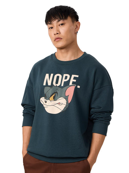 The Souled Store Official Tom & Jerry : Nope Men and Boys Long Sleeves Round Neck Cotton Blend Oversized Sweatshirts Blue