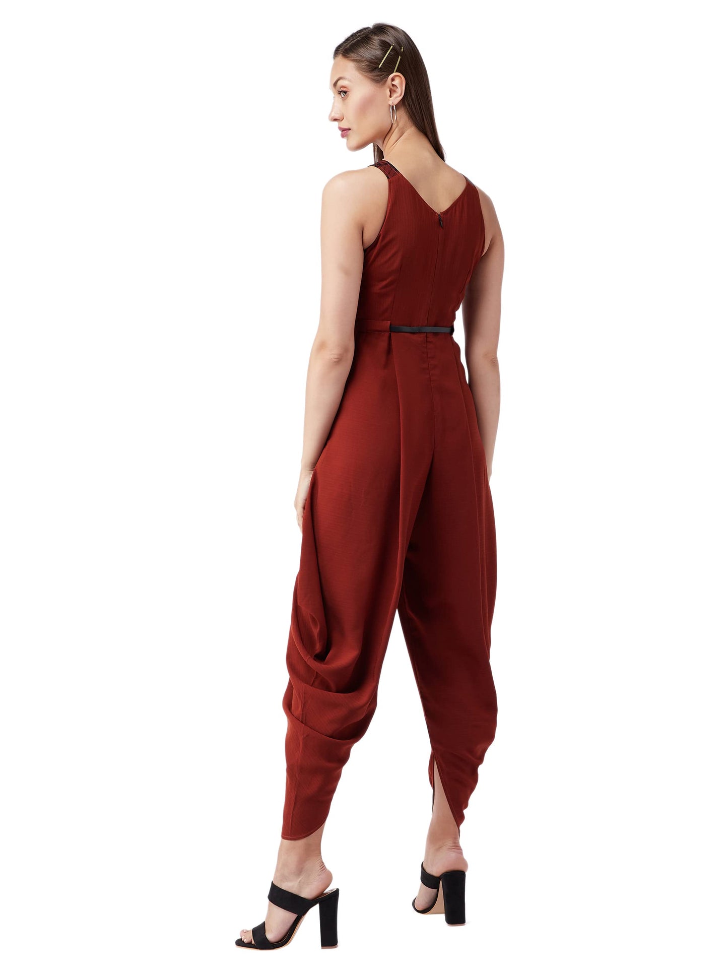 Miss Chase WomenS Rust & Black Round Neck Sleeveless Solid Draped Dhoti Regular Jumpsuit(Mcaw21D15-07-248-06,Rust & Black,Xl)